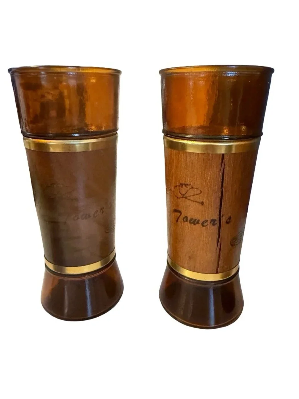 Vintage The Tower's Amber Glass Tumblers Genuine Walnut Wood Jackets Set of 6 MC
